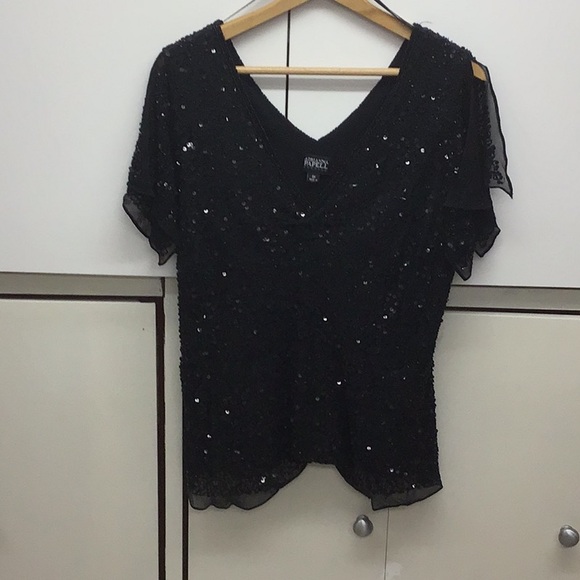 Black Sequin V-Neck Blouse - Picture 1 of 14